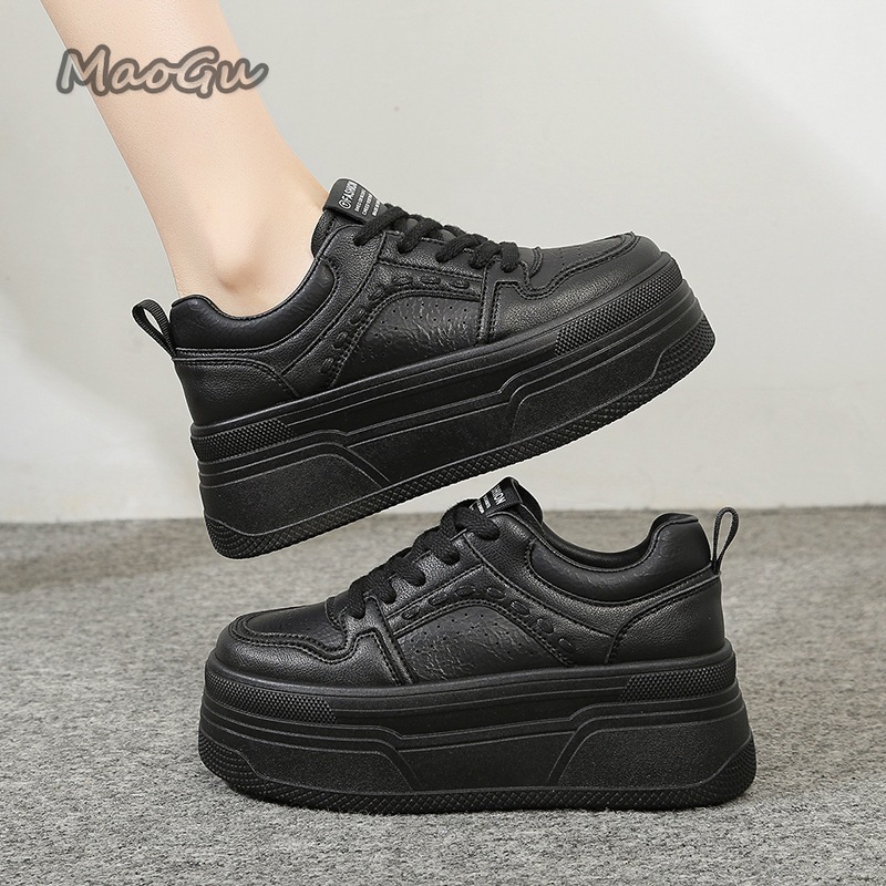 Sewing Cloth - 身長を伸ばすプラットフォーム ホワイトスニーカー 女性用 レースアップ 厚底 カジュアルシューズ