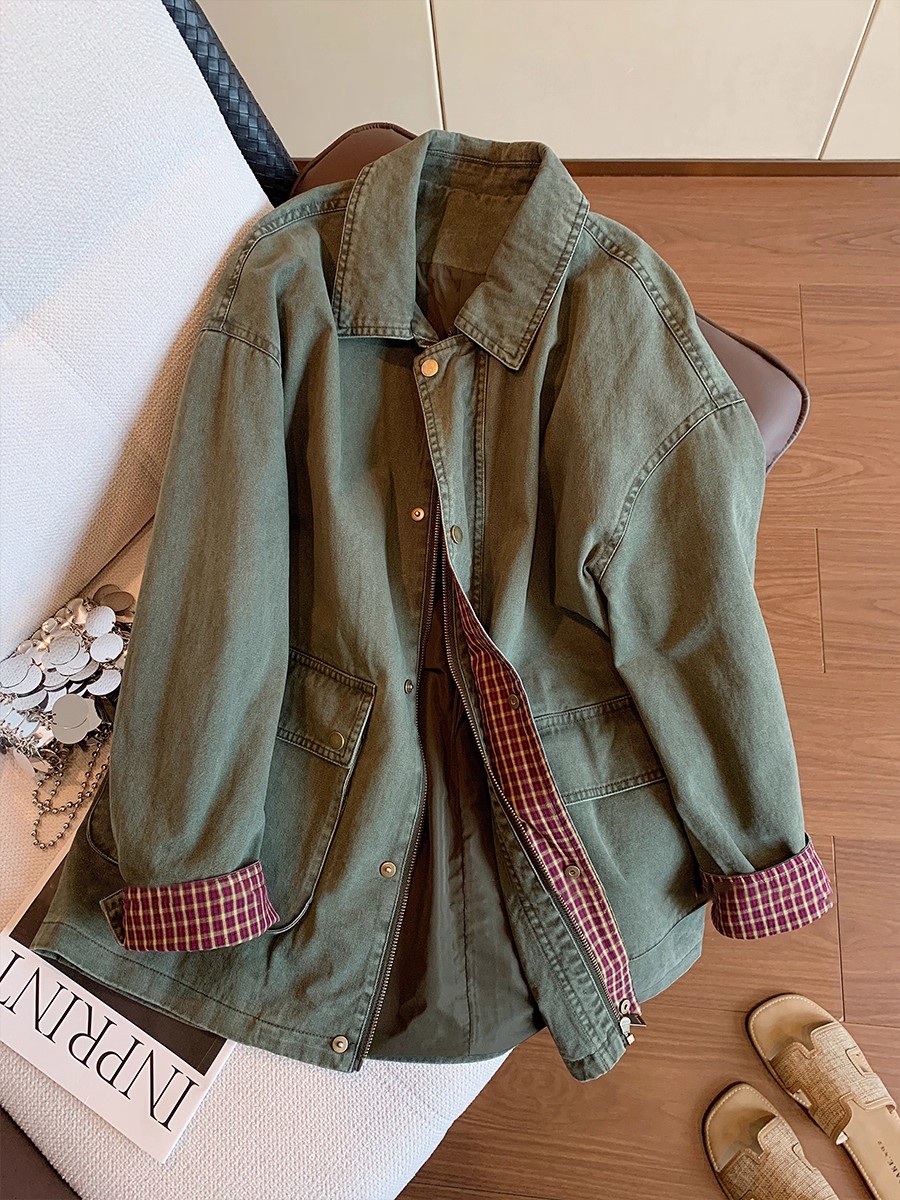 Sewing Jackets - ヴィンテージアーミーグリーンデニムジャケット レディース チェック柄パッチワーク オーバーサイズコート 春秋 カーゴユーティリティポケットジャケット