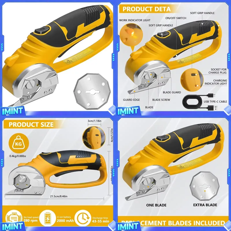 Rotary Cutter Fabric - 2000mAhコードレス電動はさみ、回転式カッター、電動段ボール箱・布用はさみ、革・カーペット用LEDライト付き