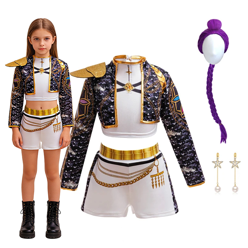 Sewing Jackets - ガールズヒップホップ3Dプリントゴールドトリムクロップドジャケットホワイトショートパンツセットウィッグイヤリングステージコスプレパフォーマンス衣装