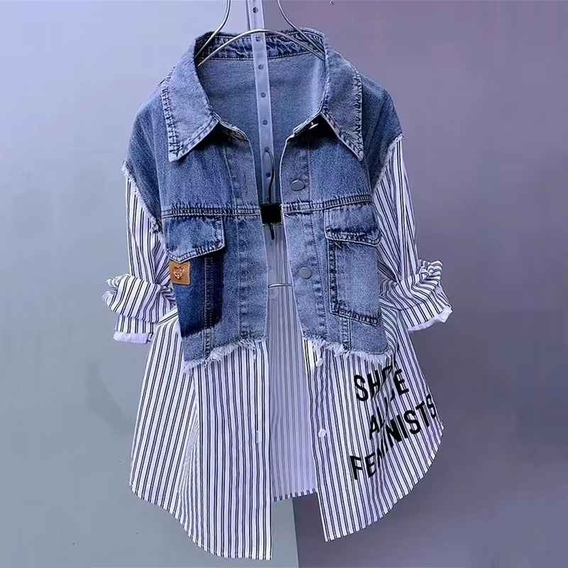 韓国ストライプデニムジャケット,女性用,気質コート,センシン - Sewing Jackets のレビューと価格